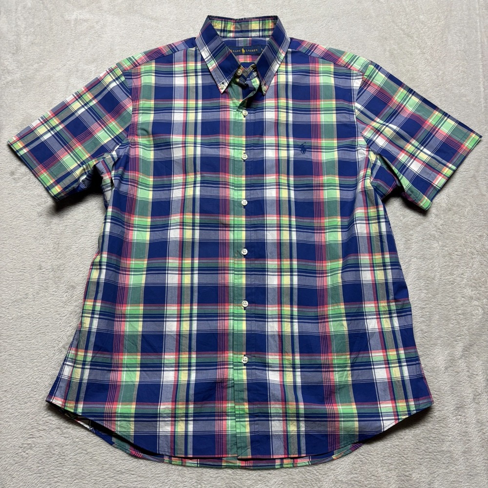 Ralph‎ Lauren Polo Shirt Mens L Button Up Plaid Madras Plaid Breathable